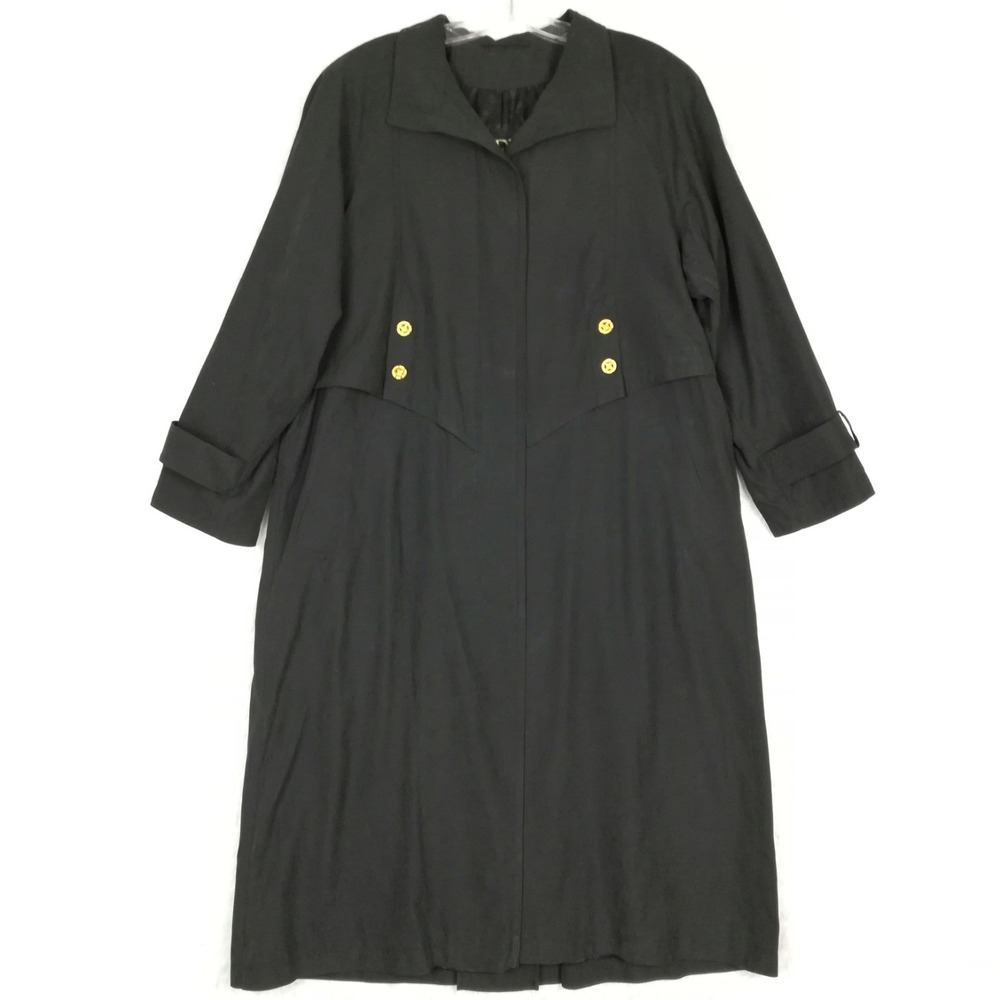 Vtg Fleet Street Womens Trench Coat Black Long Maxi Nylon‎ Button Petite 12P